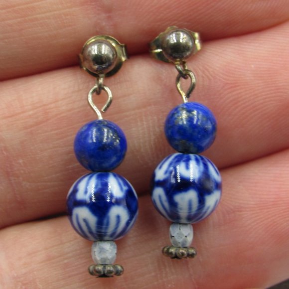 Jewelry - Sterling Silver Blue Glass Dangle Earrings Vintage
